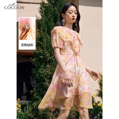 missCOCOON法式碎花雪纺短袖连衣裙女2023夏季新款V领荷叶边A字裙图片