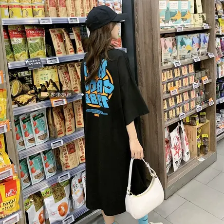 胖mm设计感连衣裙女夏季2022长裙百搭休闲韩版宽松t恤裙显瘦裙子图片