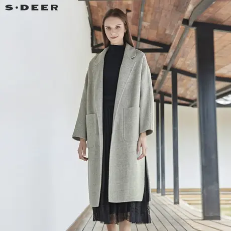 sdeer圣迪奥冬装休闲格纹宽松落肩长款双面呢毛呢大衣女S19461801图片