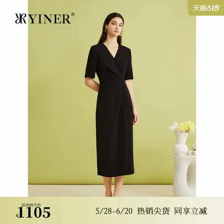 【醋酸系列】YINER音儿夏季法式V领小黑裙收褶收腰连衣裙图片