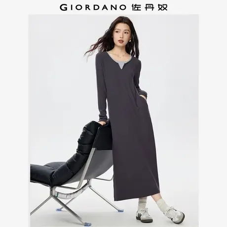 佐丹奴假两件裙子女秋冬新款撞色圆领H型弹力针织连衣裙05465851图片