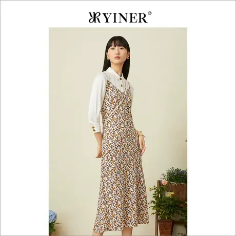 YINER音儿专柜女装2022夏季新款高级感桑蚕丝碎花衬衫连衣裙图片
