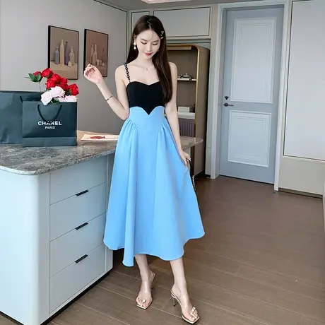小众设计师名媛气质大摆珍珠吊带连衣裙女夏拼接收腰a字伞型裙子图片