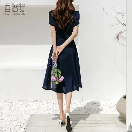 百洛安V领花瓣袖连衣裙A裙夏季新款通勤高腰系带显瘦中长款女裙子图片
