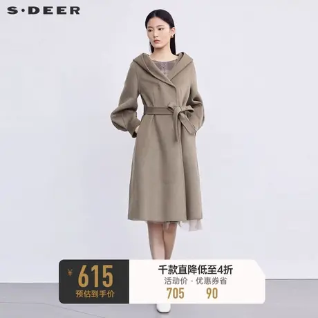 sdeer圣迪奥女装休闲连帽收腰长款绵羊毛毛呢大衣外套S224Z2536图片