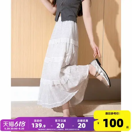 唐狮25夏季新款女半身裙女碎褶温柔蛋糕甜美半身百褶格纹长裙jcc图片