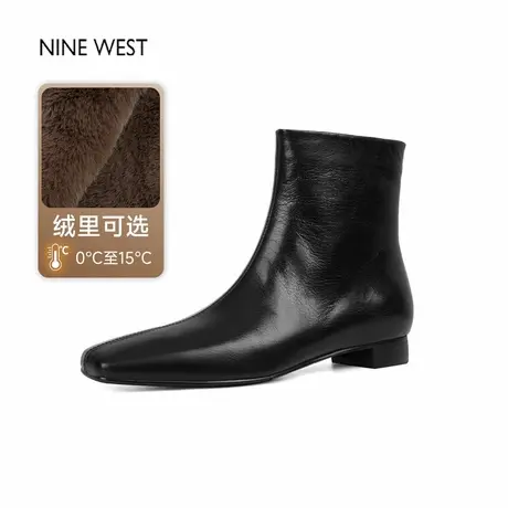 奥莱专供Nine West/玖熙法式复古方头时装靴粗跟靴子冬加绒短靴女图片