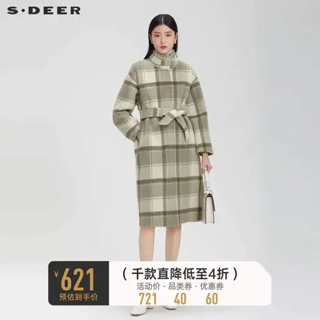sdeer圣迪奥女装立领格纹收腰长款毛呢大衣S223Z2506图片