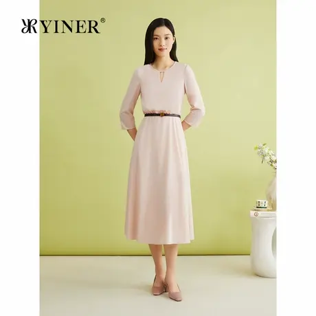 YINER音儿女装夏季法式优雅镂空领淡粉色弹力收褶连衣裙图片