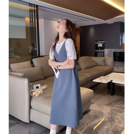 唐狮夏季女圆领假两件短袖连衣裙气质时尚减龄韩版百搭潮流r2图片