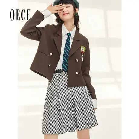 Oece复古格纹半身裙2022早秋新款女装设计感小众短裙百褶裙春秋图片