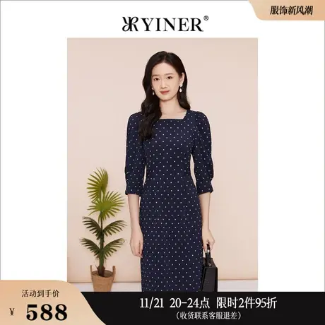 YINER音儿专选女装春季法式时尚海鸥领波点印花连衣裙图片