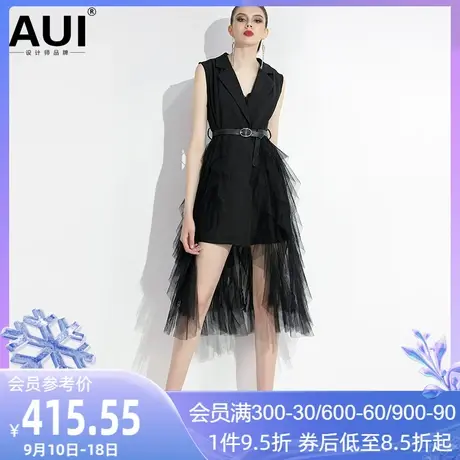AUI黑色不规则设计感小众女装裙2022新款西装拼接网纱连衣裙女夏图片