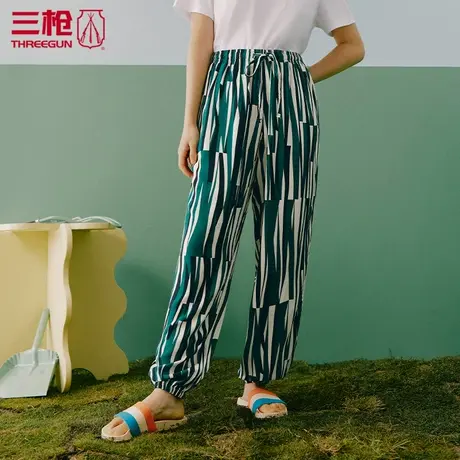 三枪家居裤女休闲薄款夏季垂棉印花女士松紧长裤拼色中年61308商品大图