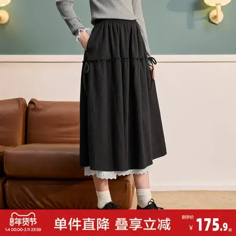 唐狮2026春季半身裙女高级感女甜美温柔风褶皱蕾丝花边半身长裙图片