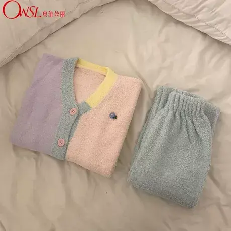 韩系拼色睡衣女秋冬季高级感半边绒可外穿加厚家居服图片