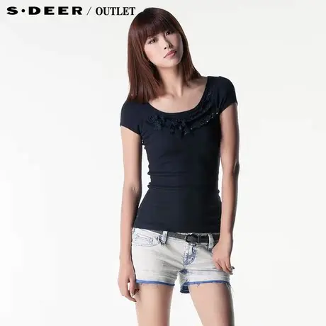 s.deer【上新】圣迪奥女装夏装饰花唯美修身弹力T恤S13280113图片