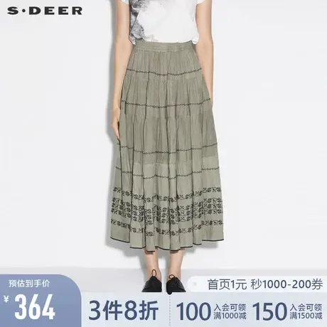 sdeer圣迪奥夏装复古休闲松紧立体绣花棉麻长裙S21281103图片