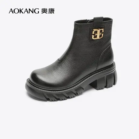 【门店发货】奥康女鞋2022冬季新款真皮女士短靴厚底粗跟增高显瘦图片