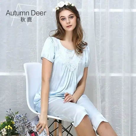 秋鹿夏季新品睡衣女士棉质薄款短袖七分裤套装梭织贡缎家居服图片