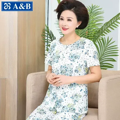 AB妈妈装纯棉家居服开衫短袖长裤套装中老年人休闲加肥加大码夏季图片
