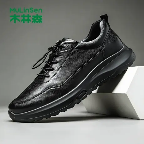 木林森男鞋春秋一脚蹬运动皮鞋黑色通勤高端头层牛皮宽脚爸爸鞋子图片
