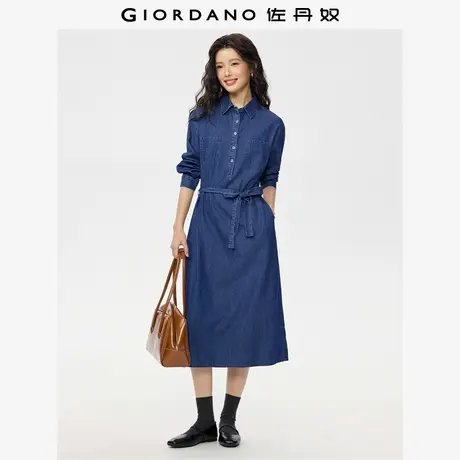 佐丹奴裙子女秋季新款纯棉薄款口袋绑带翻领牛仔连衣裙女13465869图片