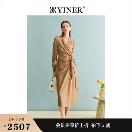 YINER音儿女装秋季法式收褶收腰显瘦系带驼色优雅连衣裙图片