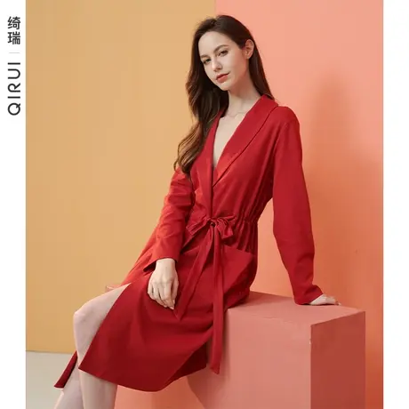 绮瑞睡袍女秋款纯棉长袖红色睡衣女士春秋季喜庆新婚晨袍中长裙子图片