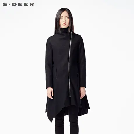 sdeer圣迪奥2018冬装宽松A字风琴褶拼接纯色斜襟大衣女S16481876图片