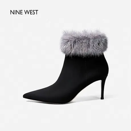 Nine West/玖熙短靴女2023年秋冬新款羊反绒貂毛优雅细高跟鞋靴子图片