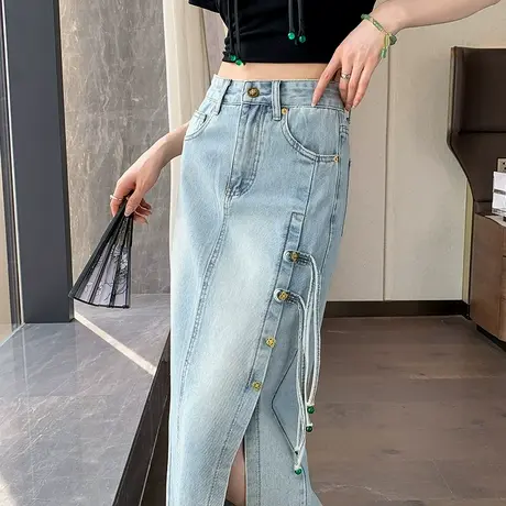 新中式开叉天丝牛仔半身裙女夏季薄款高腰国风排扣流苏中长包臀裙图片