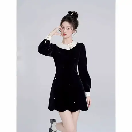 爵莱菲大码赫本风黑色丝绒长袖连衣裙女富家千金风重工气质a字图片