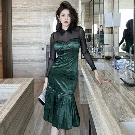 性感纯欲风丝绒连衣裙女秋冬季复古中长款网纱镂空修身包臀鱼尾裙图片