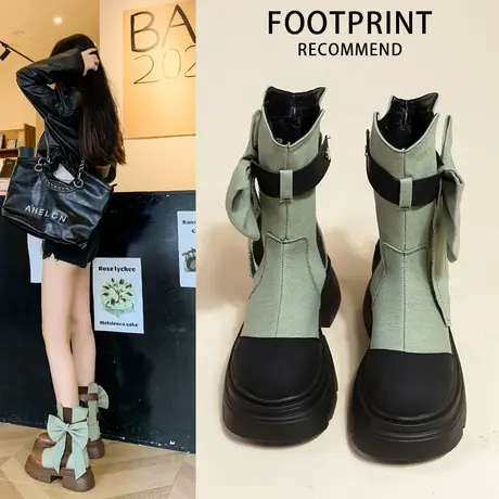 马丁靴女款2023春秋新款厚底百搭显瘦蝴蝶结圆头休闲短靴套筒靴子图片