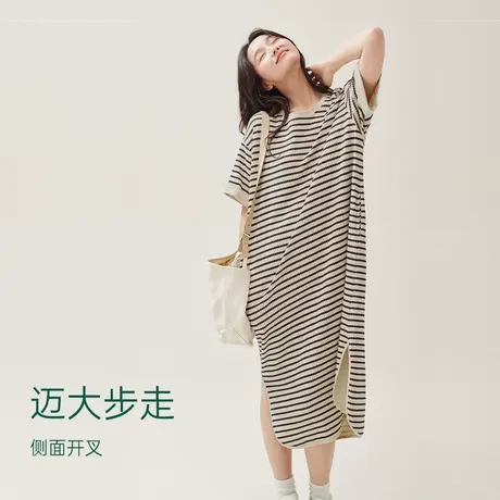 安之伴条纹睡裙女夏季纯棉短袖薄款休闲大码宽松可外穿宽松睡衣图片