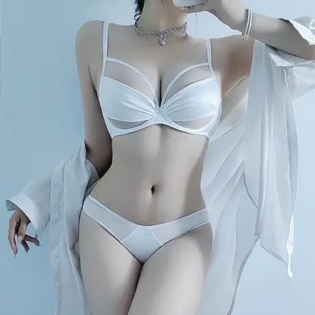 白色性感纯欲内衣内裤套装女大胸显小薄款文胸聚拢防下垂网纱胸罩商品大图