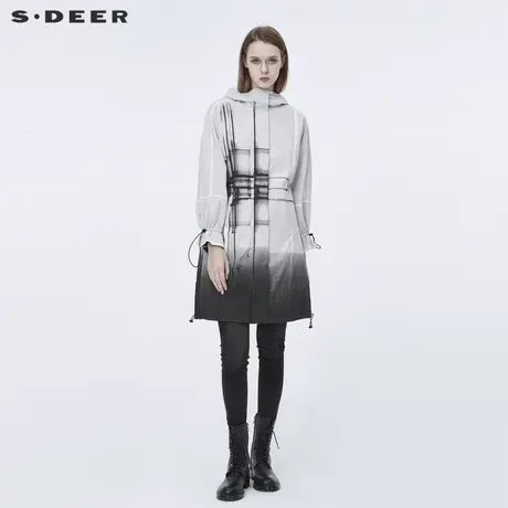 sdeer圣迪奥春装女装连帽抽绳晕染印花中长款风衣外套S20381814图片