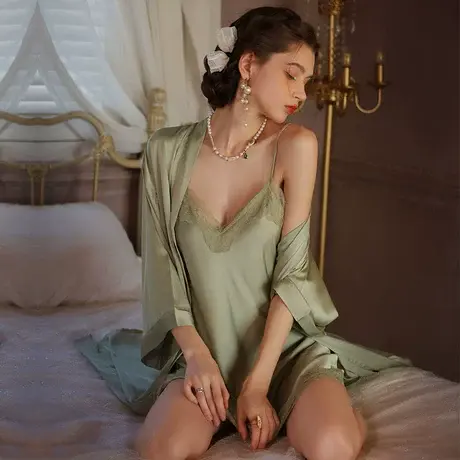 睡裙睡衣女2024新款性感纯欲风大码情调冰丝吊带春秋夏睡袍两件套图片