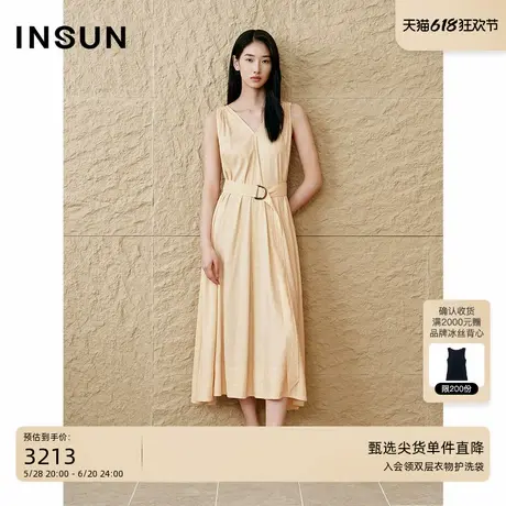 INSUN恩裳2025夏季时尚V领亚麻无袖连衣裙图片