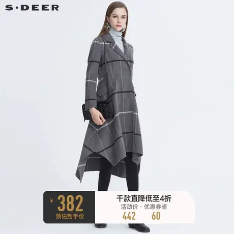 sdeer圣迪奥女装时尚翻领格纹不规则长款含羊毛毛呢大衣S20481817图片