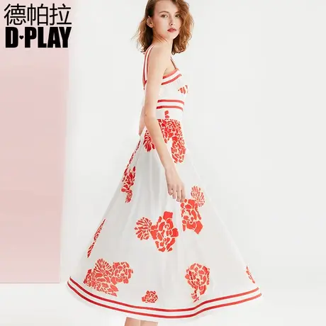 DPLAY德帕拉白底橘印花荷叶边无袖吊带大摆收腰连衣裙沙滩裙图片