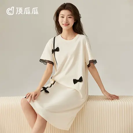 顶瓜瓜夏季纯棉睡裙女短袖蝴蝶结可外穿薄款家居服睡衣女夏天商品大图