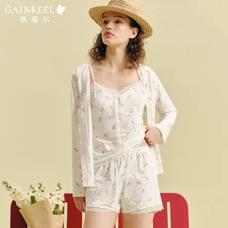 歌瑞尔棉质柔软亲肤法式蕾丝碎花吊带薄款可外穿睡衣女家居服套装图片