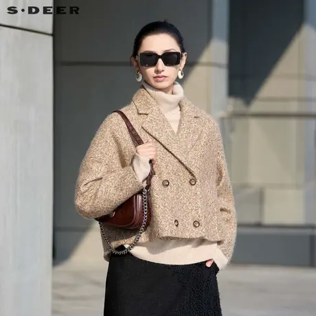sdeer圣迪奥冬季女装OL风西装领肌理毛呢短款大衣S24482605图片