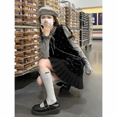 爵莱菲大码法式甜美刺绣丝绒背心连衣裙套装女2025秋新款两件套图片