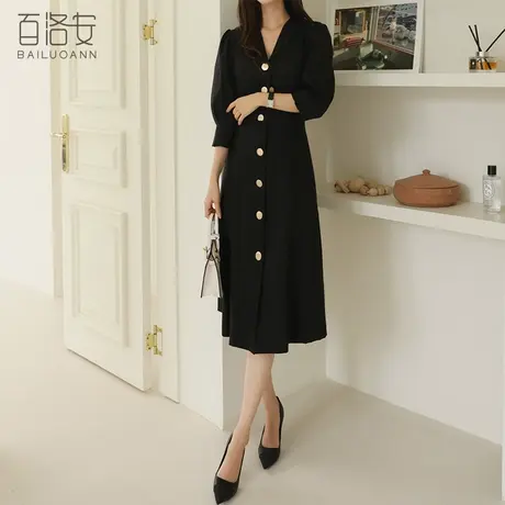 百洛安时尚通勤OL连衣裙女2023夏季新款黑色单排扣a字中长款裙子图片