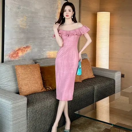 粉色甜美荷叶边包臀连衣裙女装减龄显瘦温柔风气质修身裙子中长款图片