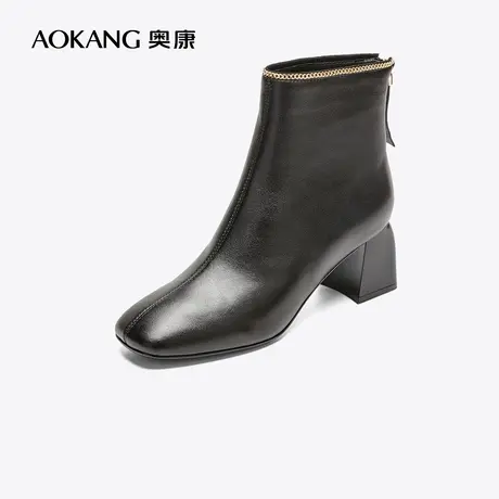 【门店发货】奥康女鞋2022冬季新款真皮时装靴粗高跟舒适方头短靴图片