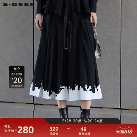 sdeer圣迪奥女装复古高腰系带撞色亚麻A字伞裙S24381115图片